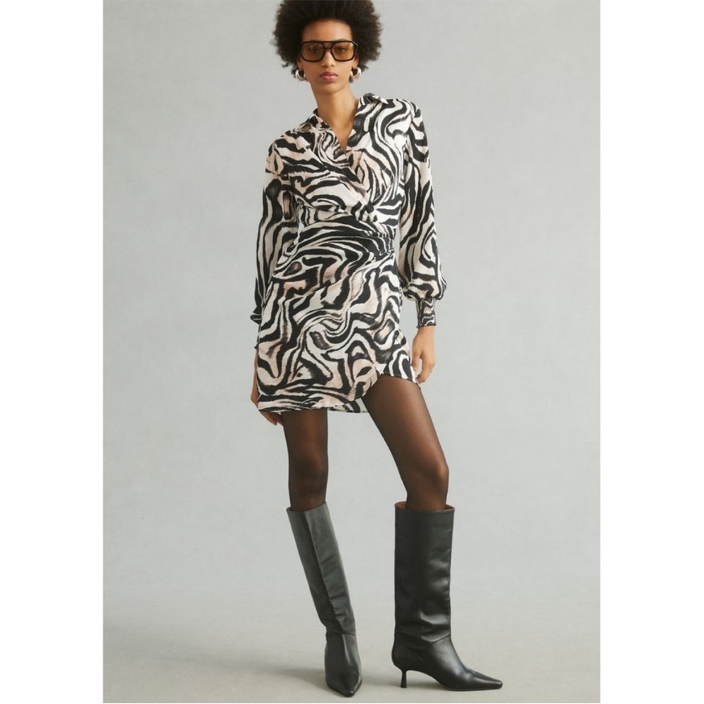 BOGO! Anthropologie Printed Wrap Front Ruched Zebra Dress Black Size 2